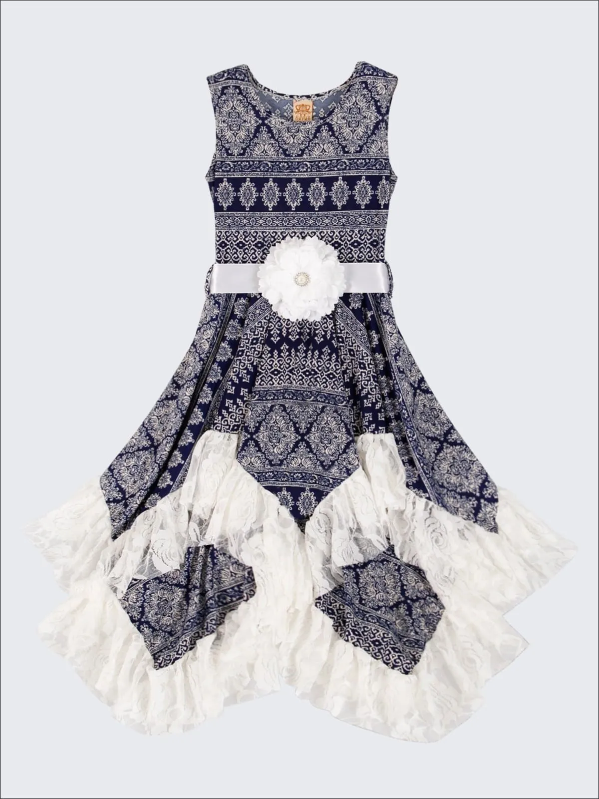 Girls Sleeveless Handkerchief Double Layer Ruffled Hem Dress with Flower Sash