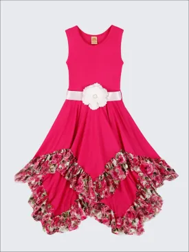 Girls Sleeveless Handkerchief Double Layer Ruffled Hem Dress with Flower Sash