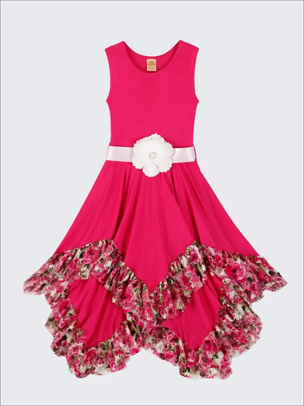 Girls Sleeveless Handkerchief Double Layer Ruffled Hem Dress with Flower Sash