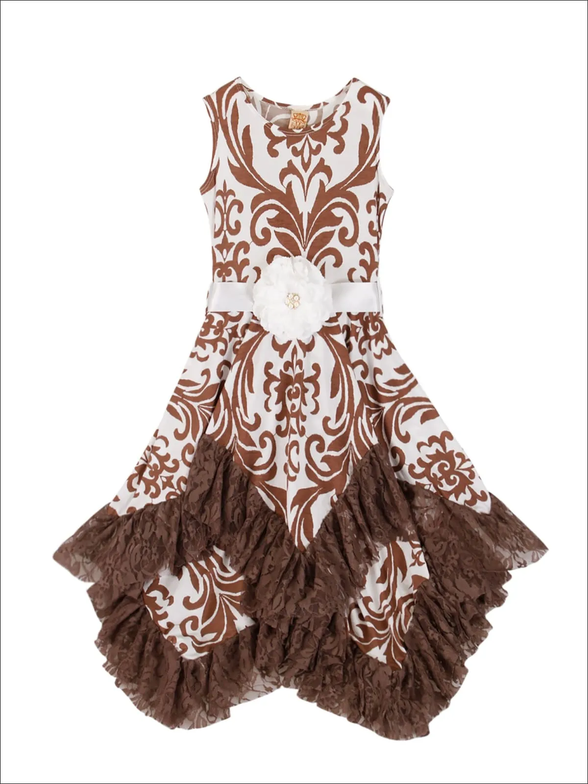 Girls Sleeveless Handkerchief Double Layer Ruffled Hem Dress with Flower Sash