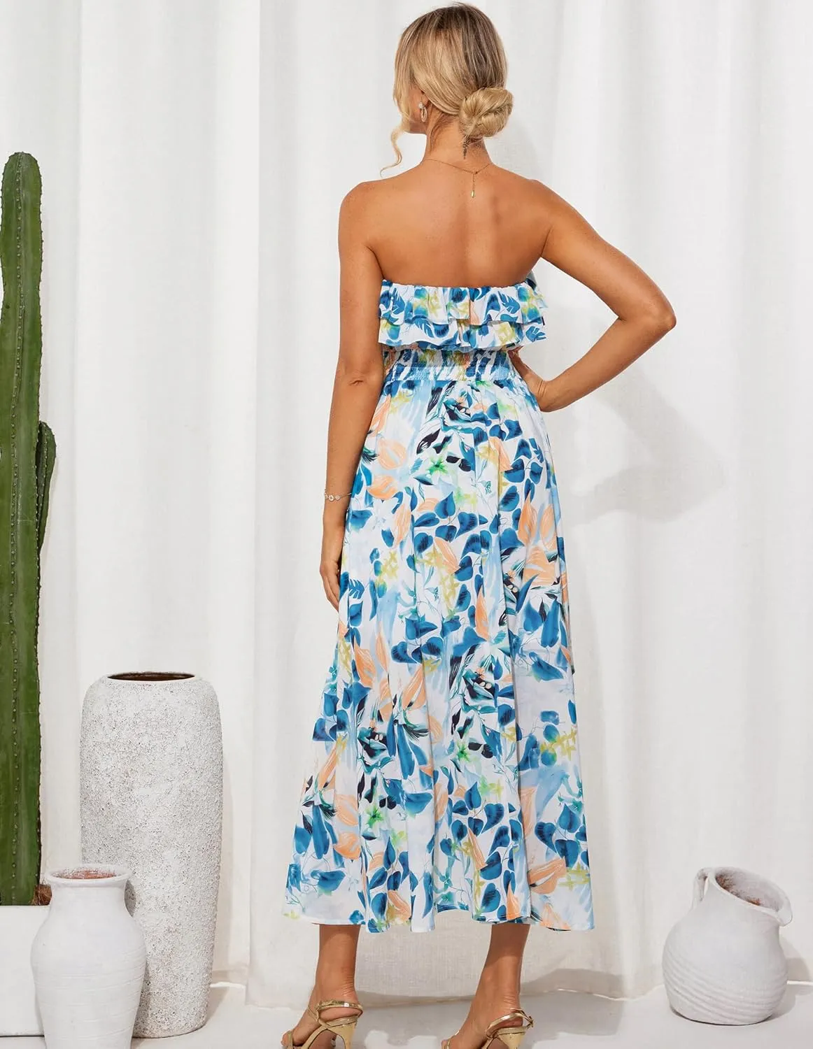 GRACE KARIN Women Summer Floral Maxi Dress Off The Shoulder Halter Sleeveless Ruffle A-Line Wedding Beach Sundress