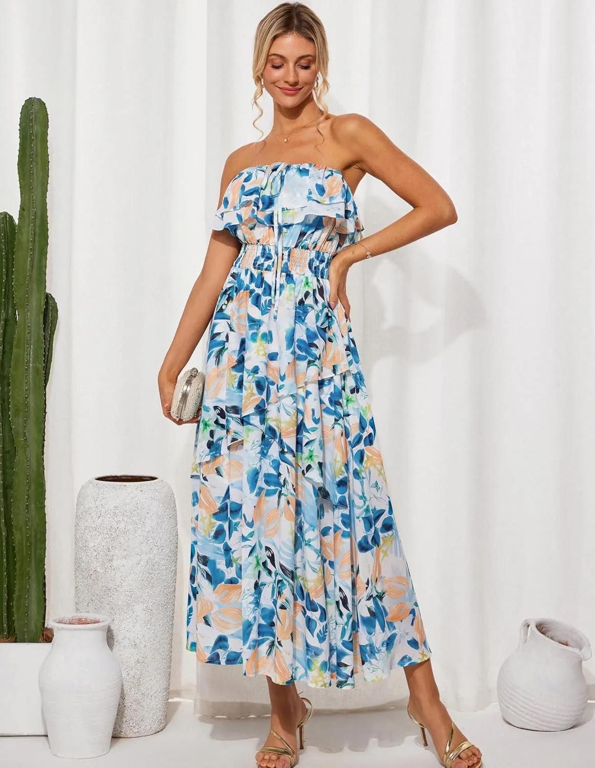 GRACE KARIN Women Summer Floral Maxi Dress Off The Shoulder Halter Sleeveless Ruffle A-Line Wedding Beach Sundress