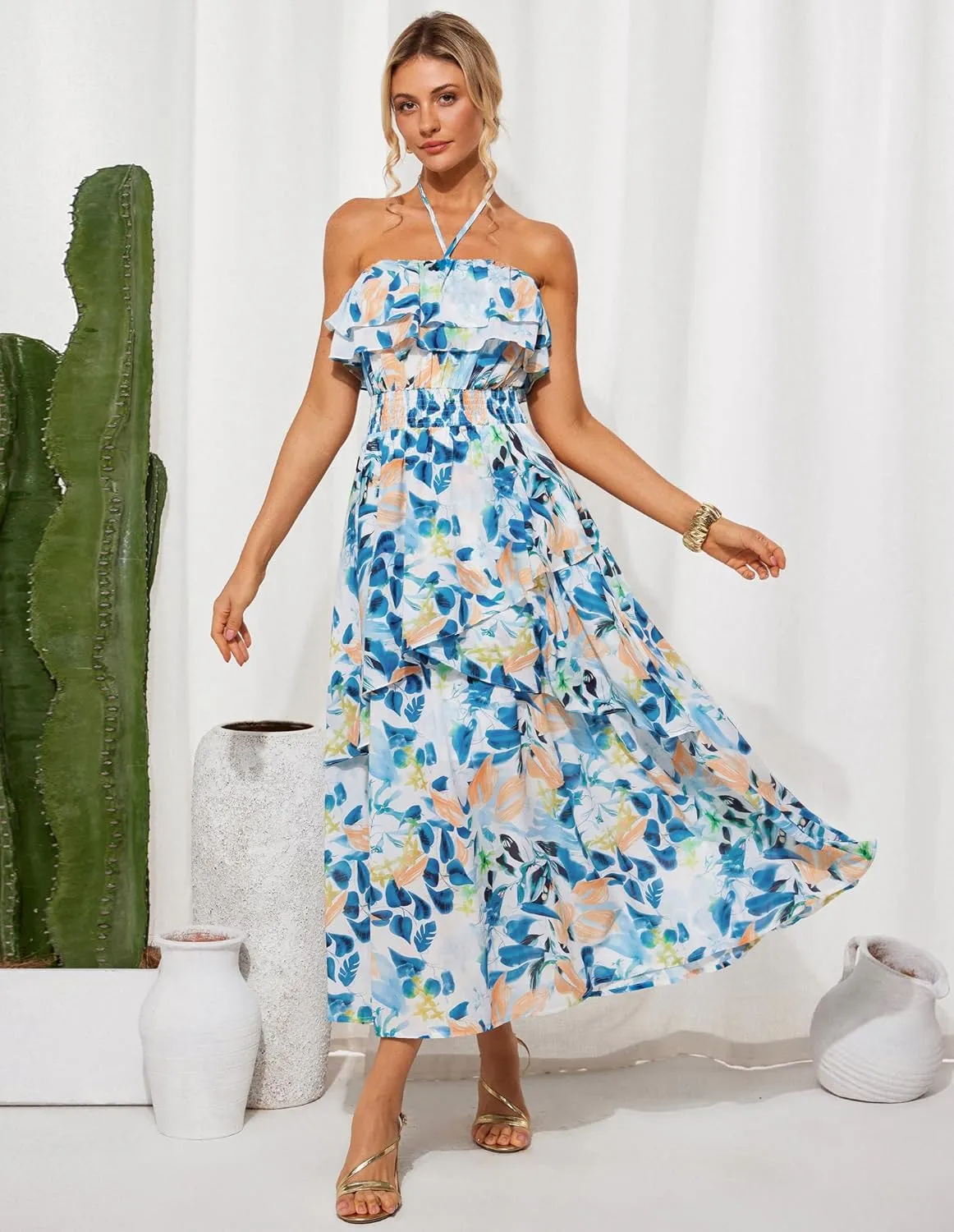 GRACE KARIN Women Summer Floral Maxi Dress Off The Shoulder Halter Sleeveless Ruffle A-Line Wedding Beach Sundress