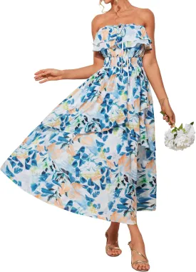 GRACE KARIN Women Summer Floral Maxi Dress Off The Shoulder Halter Sleeveless Ruffle A-Line Wedding Beach Sundress