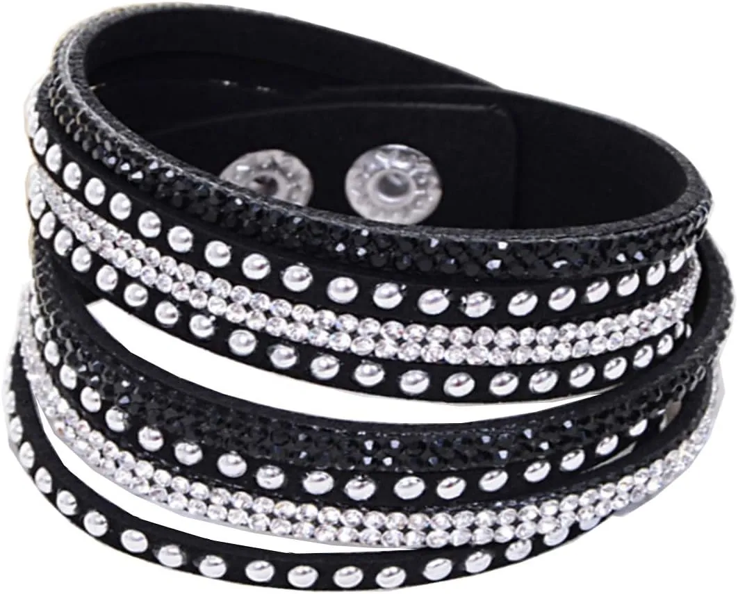 KUIYAI Wrap Leather Bracelet with Bling Bling Crystal Rhinestones and Snap buttons