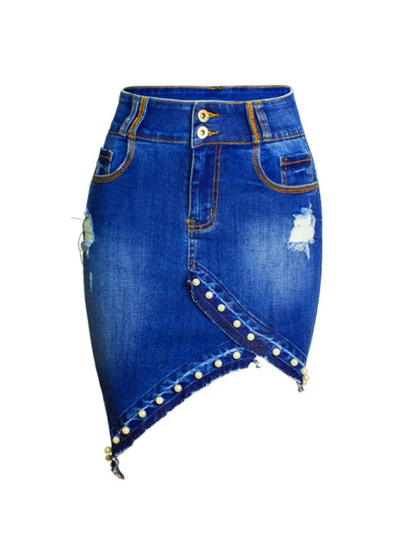Leanna Women's Irregular Beaded Pearl Denim Midi Skirt