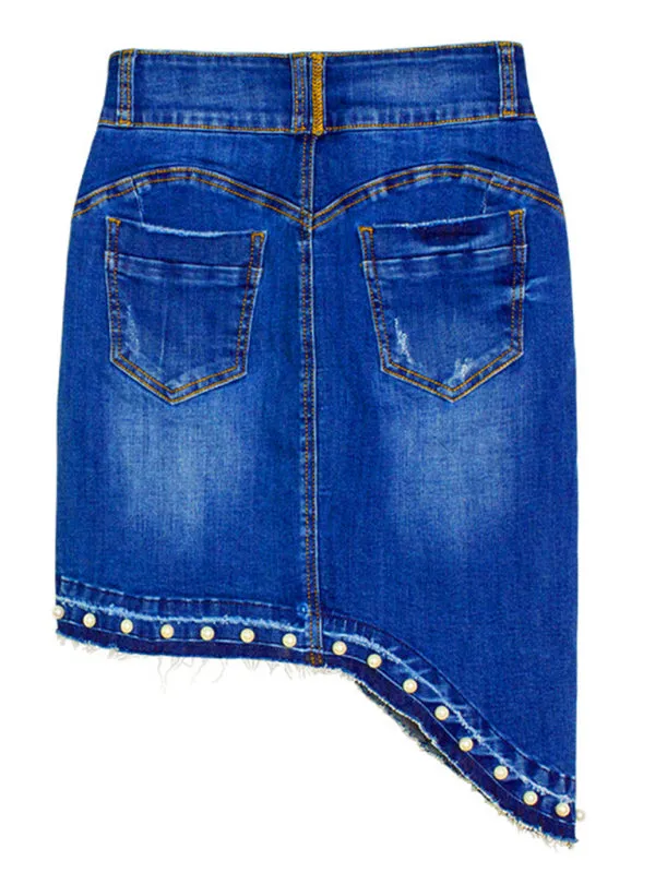 Leanna Women's Irregular Beaded Pearl Denim Midi Skirt