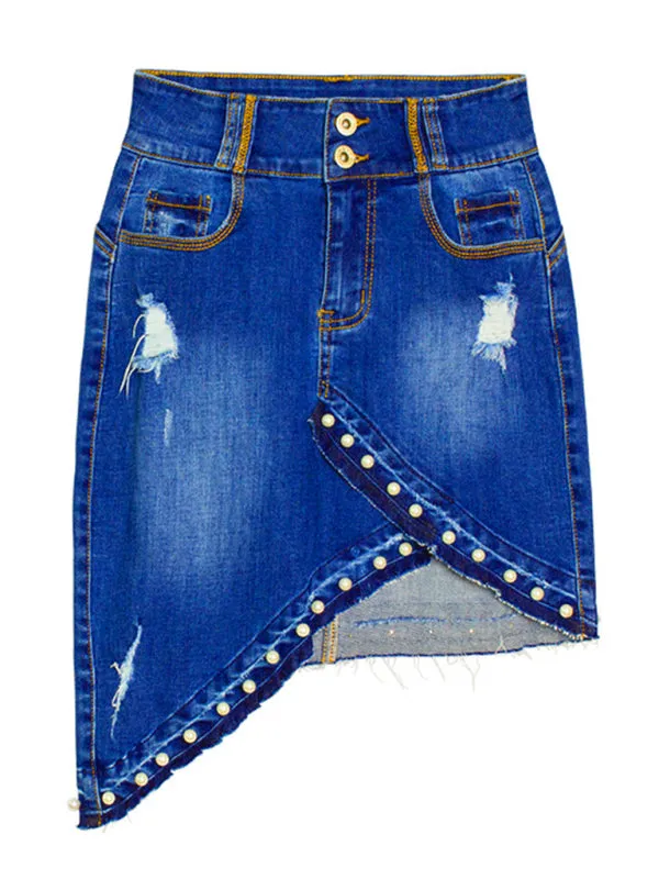Leanna Women's Irregular Beaded Pearl Denim Midi Skirt
