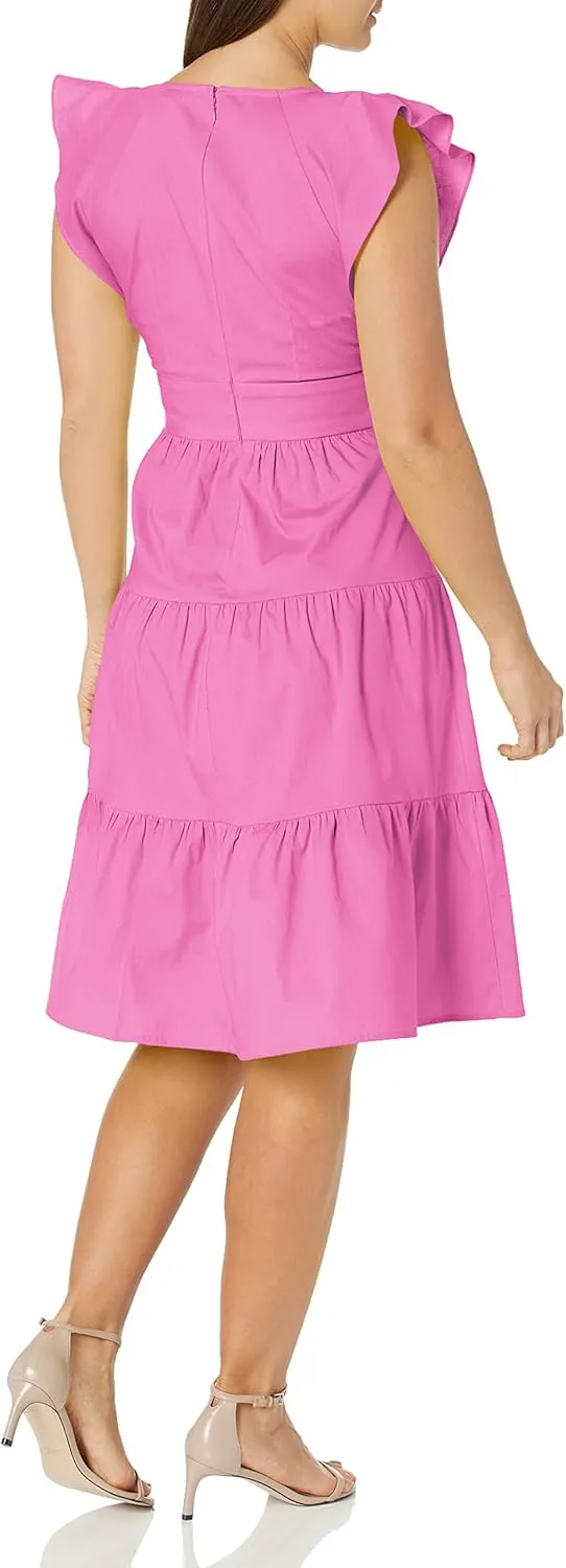 London Times Women's Cotton Poplin V-Neck Tiered Feminine Easy Summer Vacation Dress