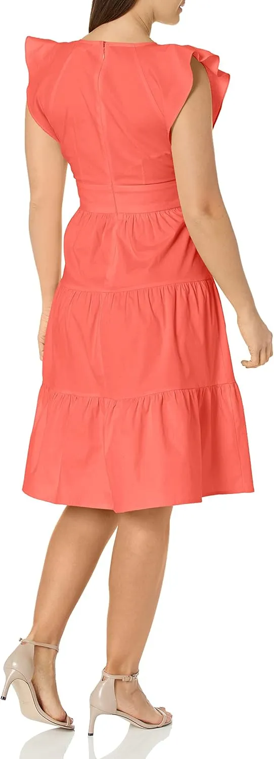 London Times Women's Cotton Poplin V-Neck Tiered Feminine Easy Summer Vacation Dress