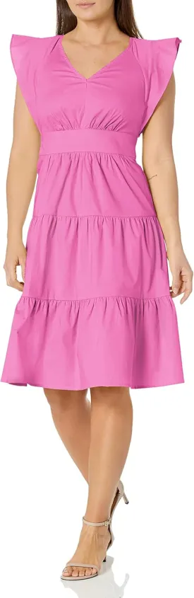 London Times Women's Cotton Poplin V-Neck Tiered Feminine Easy Summer Vacation Dress