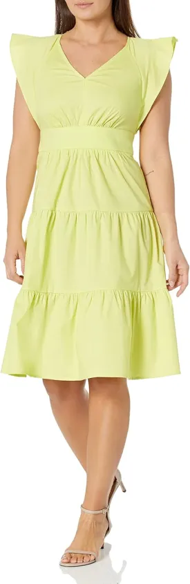 London Times Women's Cotton Poplin V-Neck Tiered Feminine Easy Summer Vacation Dress