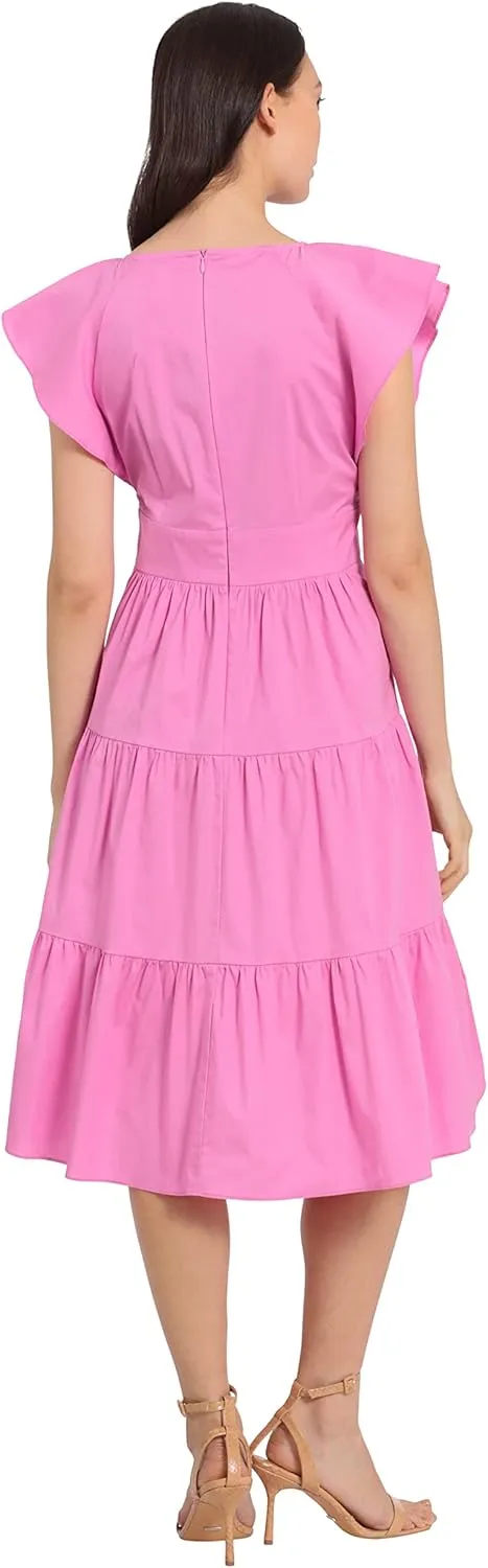London Times Women's Cotton Poplin V-Neck Tiered Feminine Easy Summer Vacation Dress