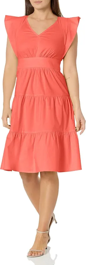 London Times Women's Cotton Poplin V-Neck Tiered Feminine Easy Summer Vacation Dress
