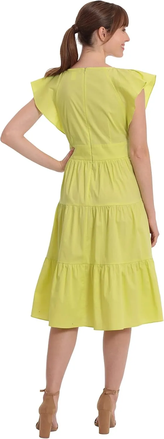 London Times Women's Cotton Poplin V-Neck Tiered Feminine Easy Summer Vacation Dress