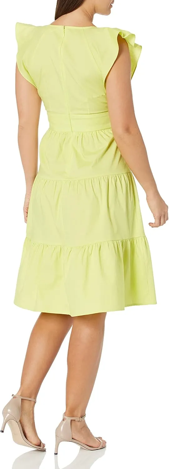 London Times Women's Cotton Poplin V-Neck Tiered Feminine Easy Summer Vacation Dress