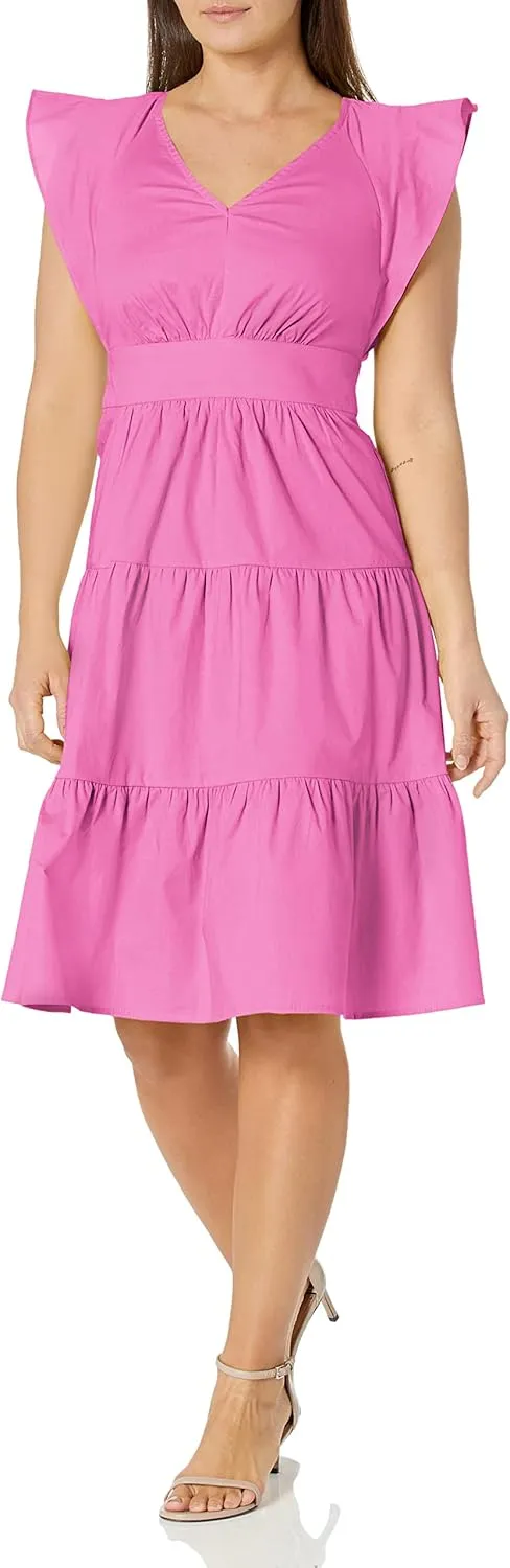 London Times Women's Cotton Poplin V-Neck Tiered Feminine Easy Summer Vacation Dress