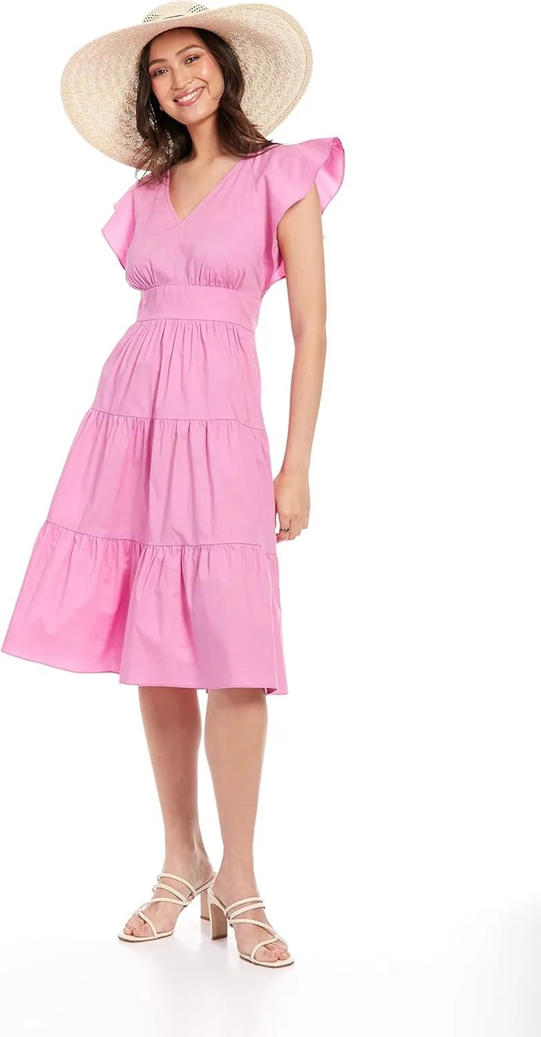 London Times Women's Cotton Poplin V-Neck Tiered Feminine Easy Summer Vacation Dress
