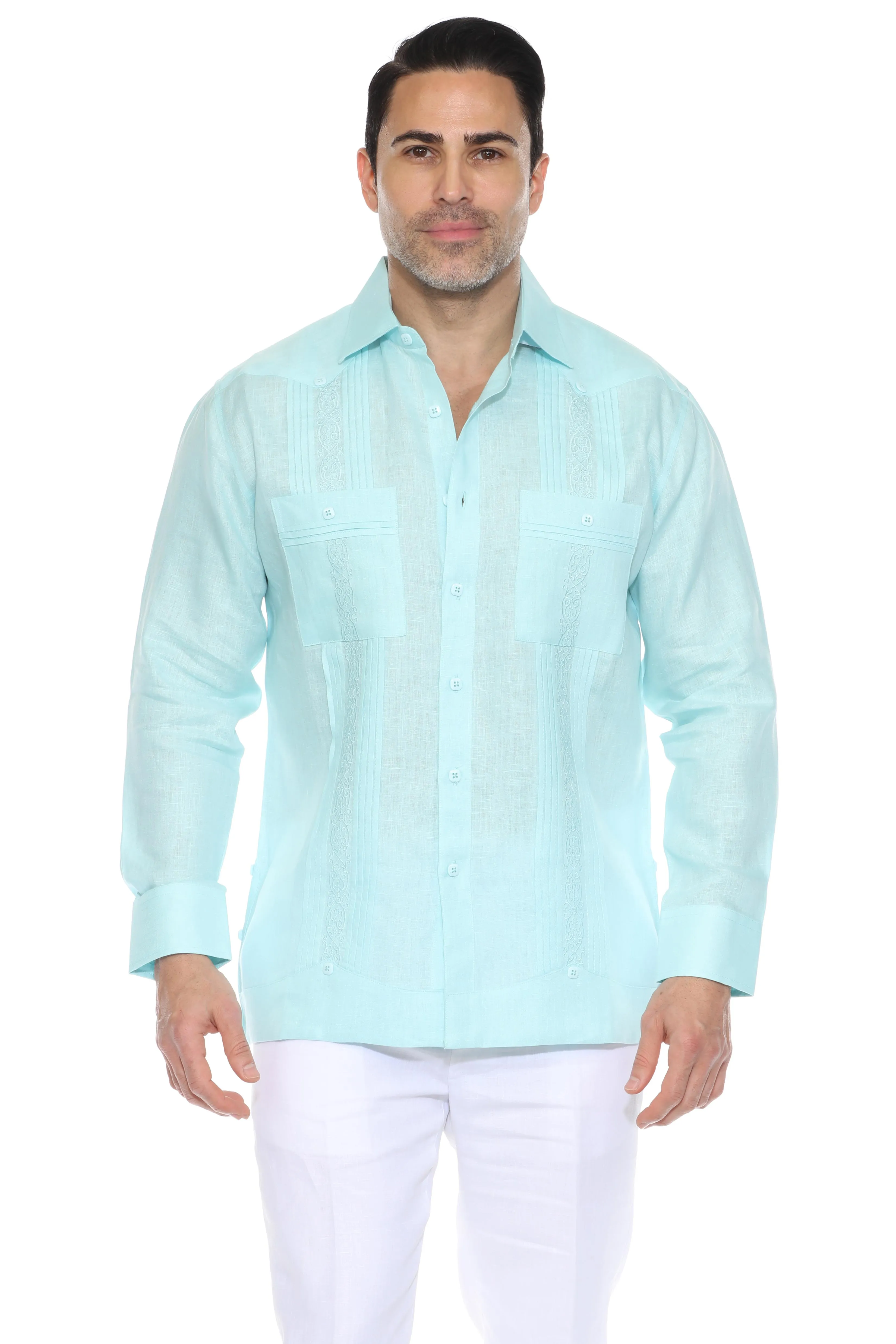 Men's 100% Linen Guayabera Chacabana Shirt Long Sleeve with Embroidery and Pin Tuck Trim Accent