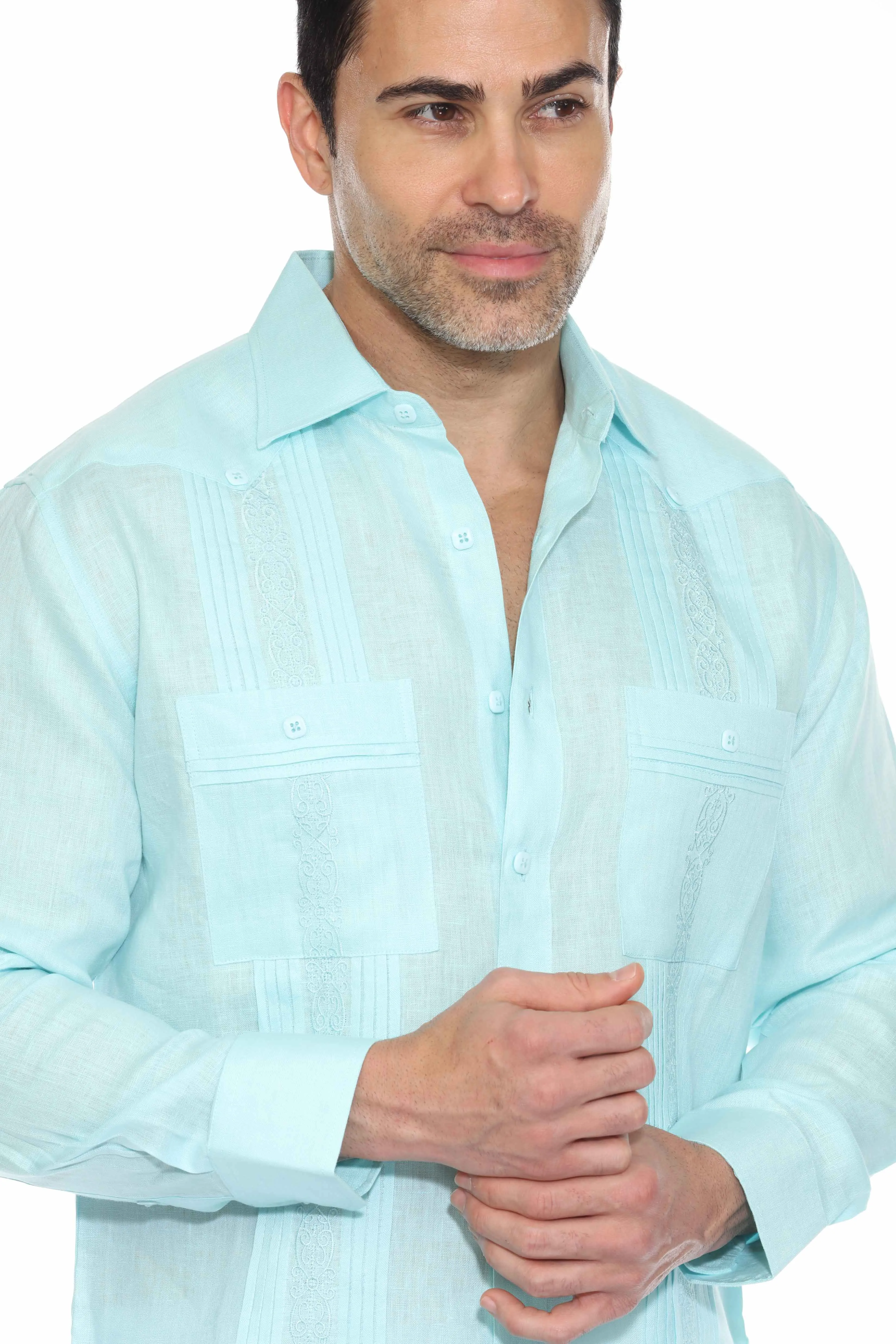Men's 100% Linen Guayabera Chacabana Shirt Long Sleeve with Embroidery and Pin Tuck Trim Accent