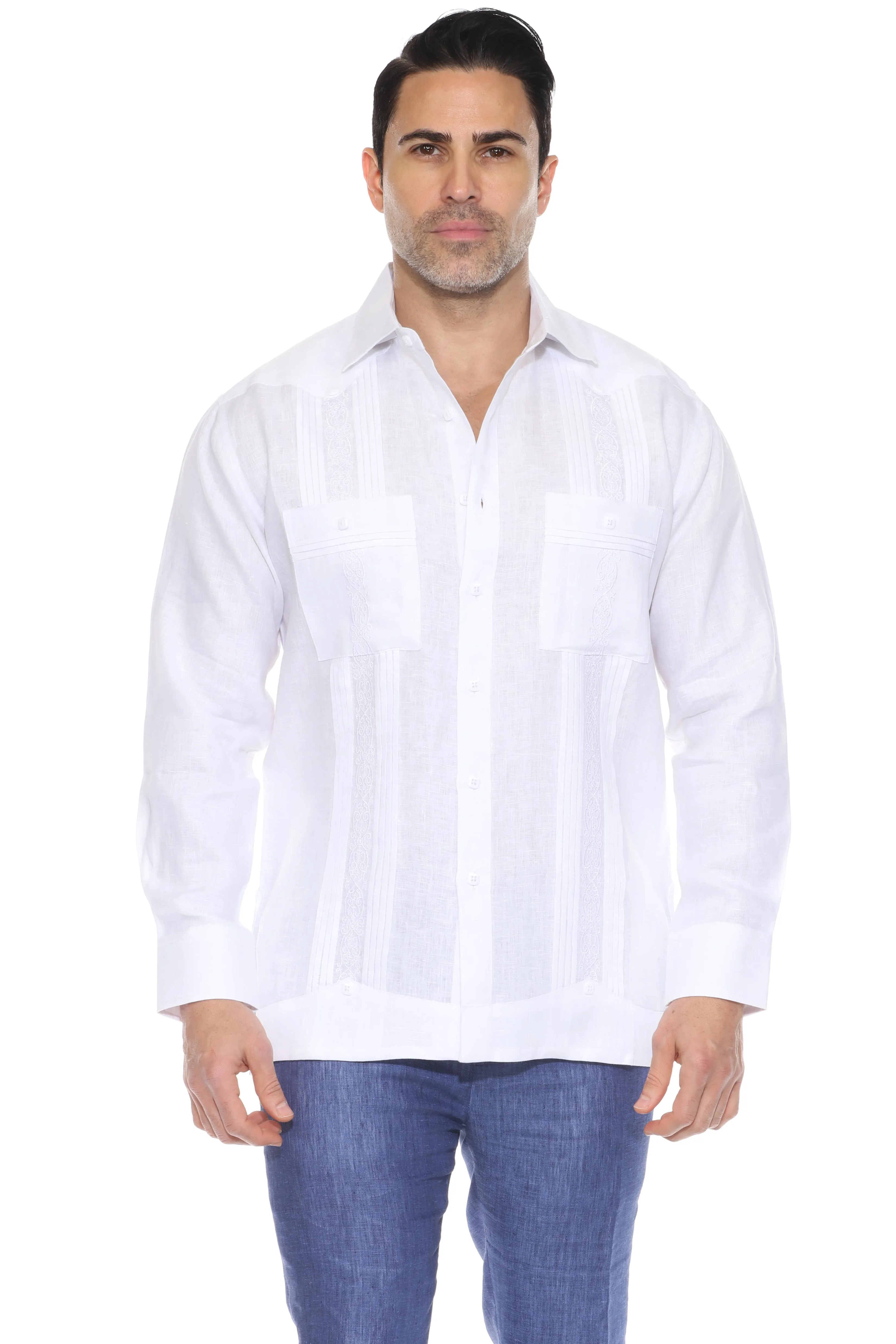 Men's 100% Linen Guayabera Chacabana Shirt Long Sleeve with Embroidery and Pin Tuck Trim Accent