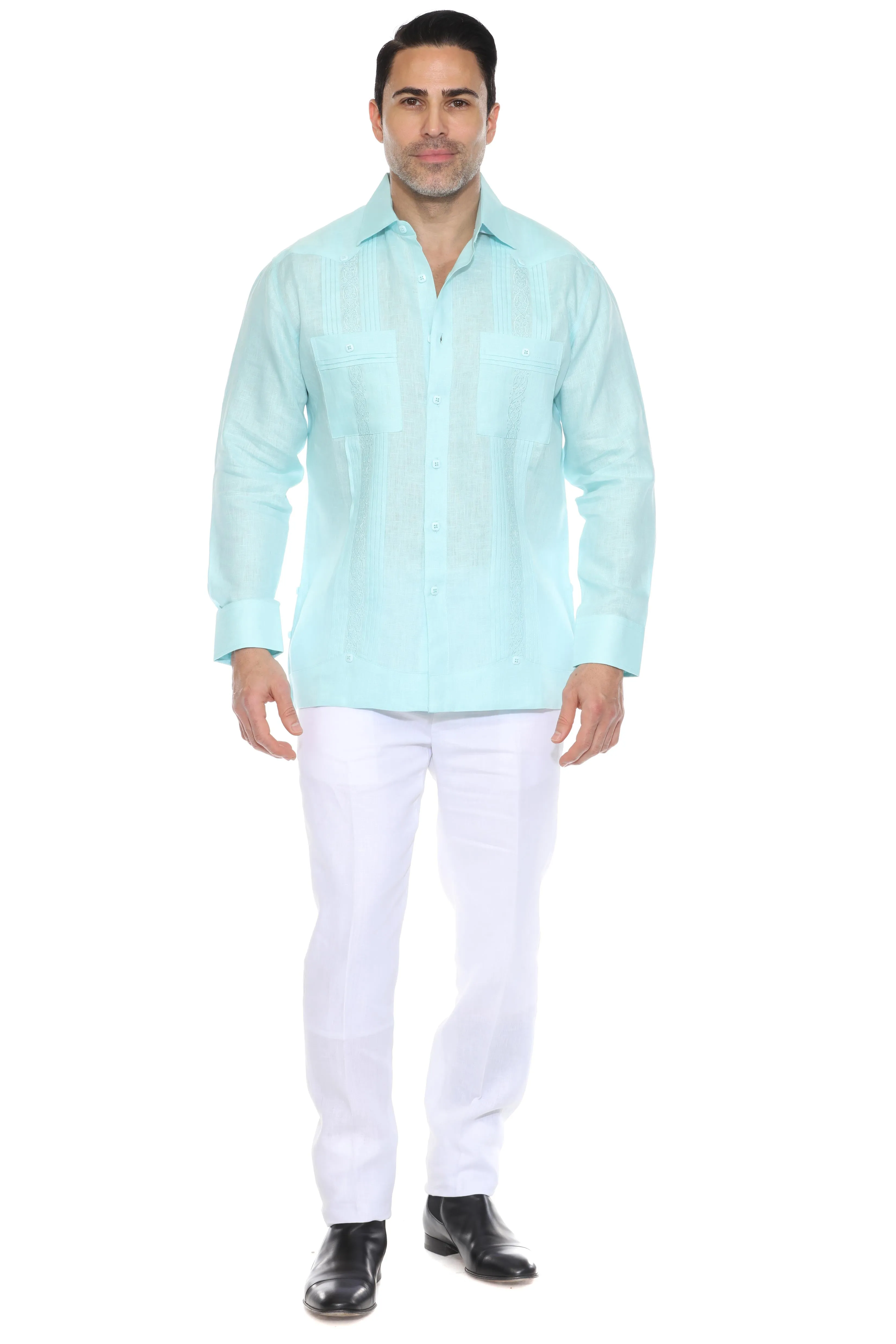 Men's 100% Linen Guayabera Chacabana Shirt Long Sleeve with Embroidery and Pin Tuck Trim Accent