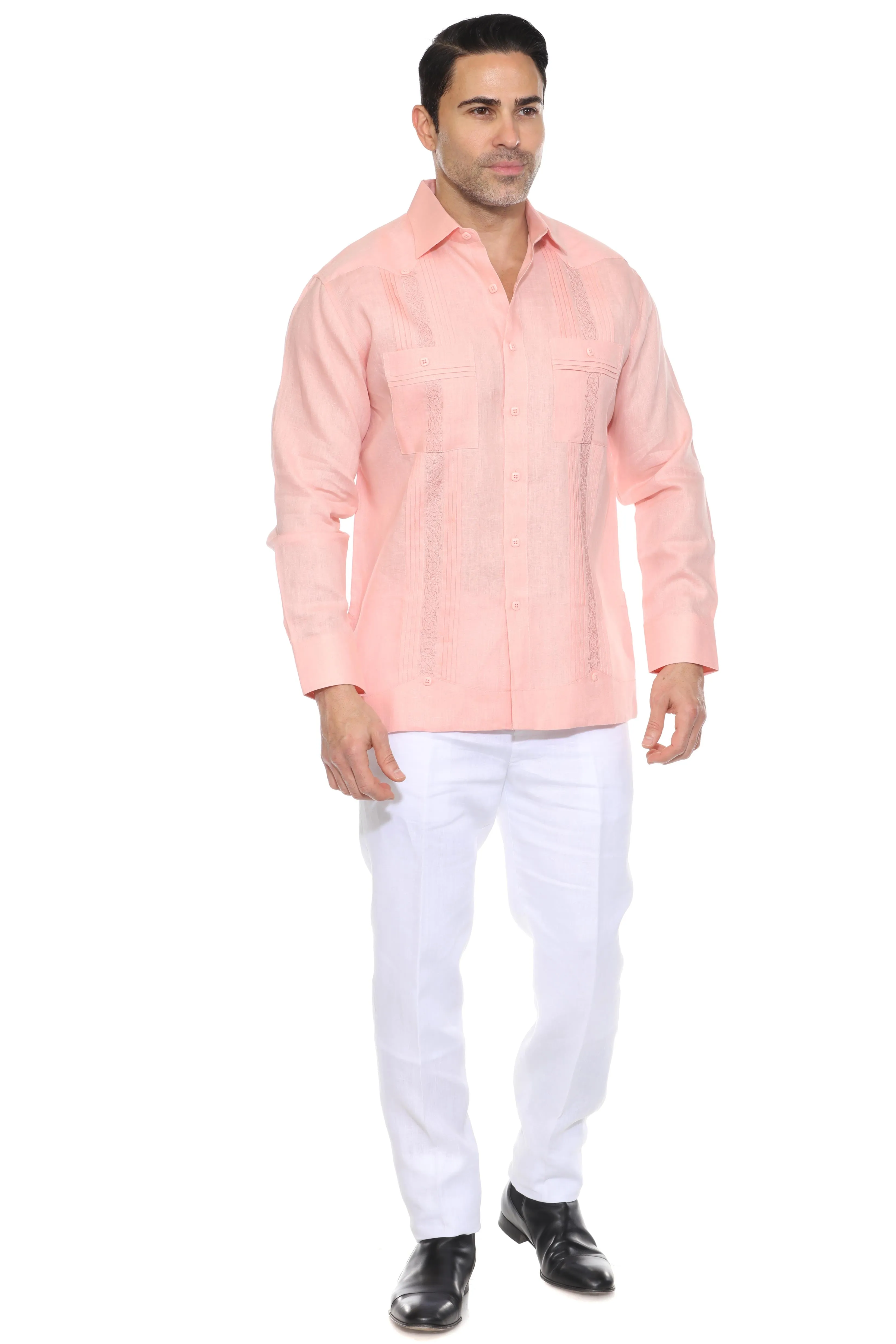 Men's 100% Linen Guayabera Chacabana Shirt Long Sleeve with Embroidery and Pin Tuck Trim Accent