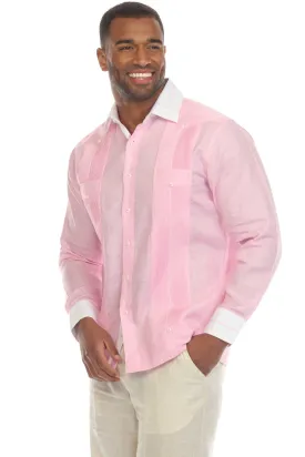 Men's Pinstripe 100% Linen Guayabera Shirt Long Sleeve with Collar Trim Accent