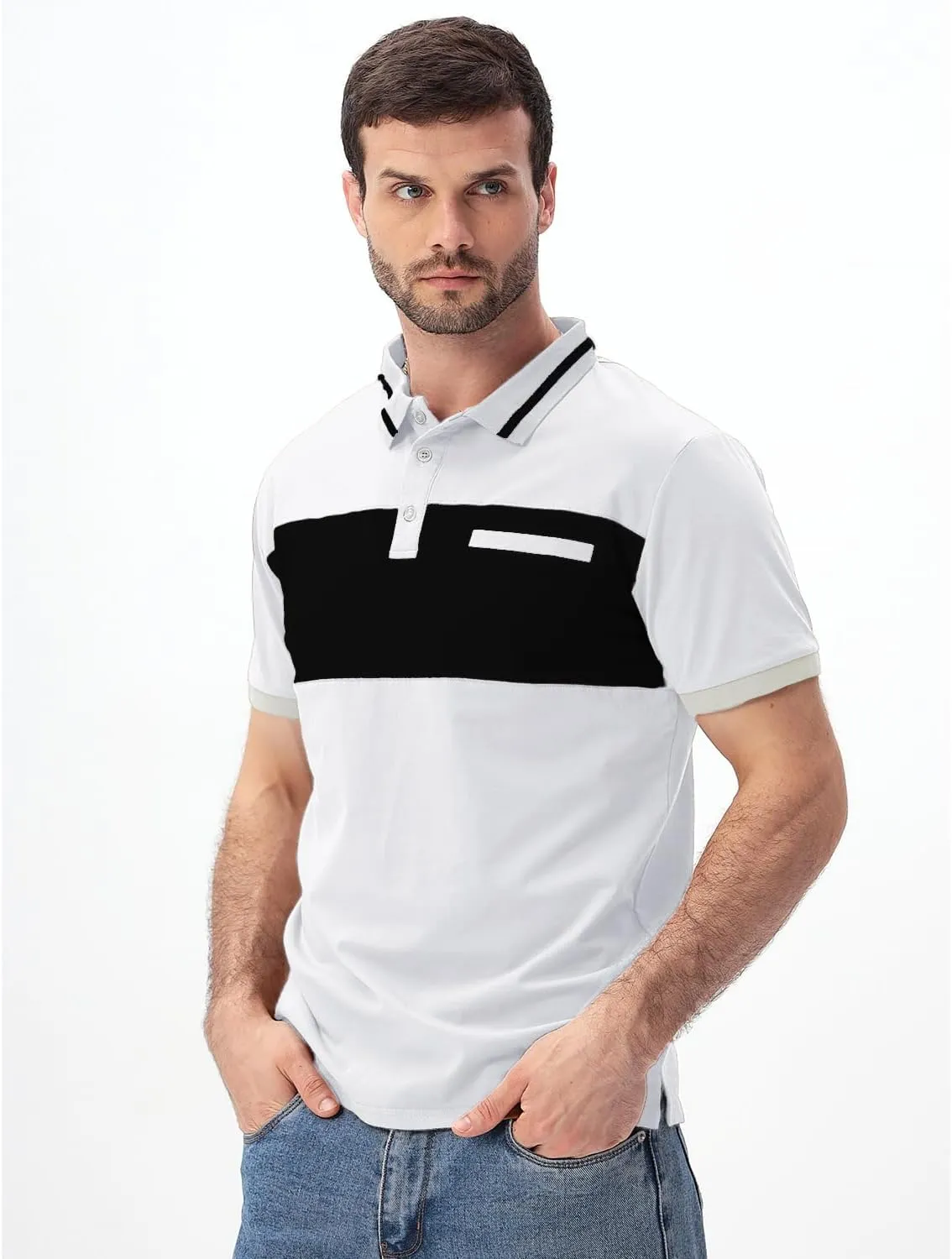 Mens Polo Shirts Short/Long Sleeve Casual Color Block Golf Polo T Shirt Stylish Contrast Collar Cotton Tops for Men