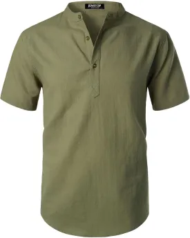 Men's Summer Lightweight Cotton Linen Shirts Casual Short Sleeve Breathable Banded Collar Henley for Beach Vacation