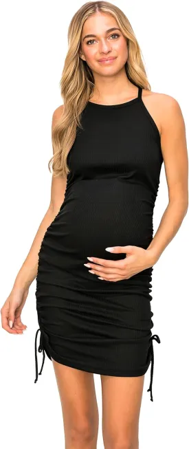 My Bump Women's Knit Ribbed Sleeveless Maternity Dress with Side Ruched and Strings(Made in USA)