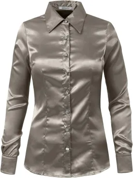 NE PEOPLE Womens Light Weight Long Cuff Sleeve Button Down Satin Shirt (S-3XL)
