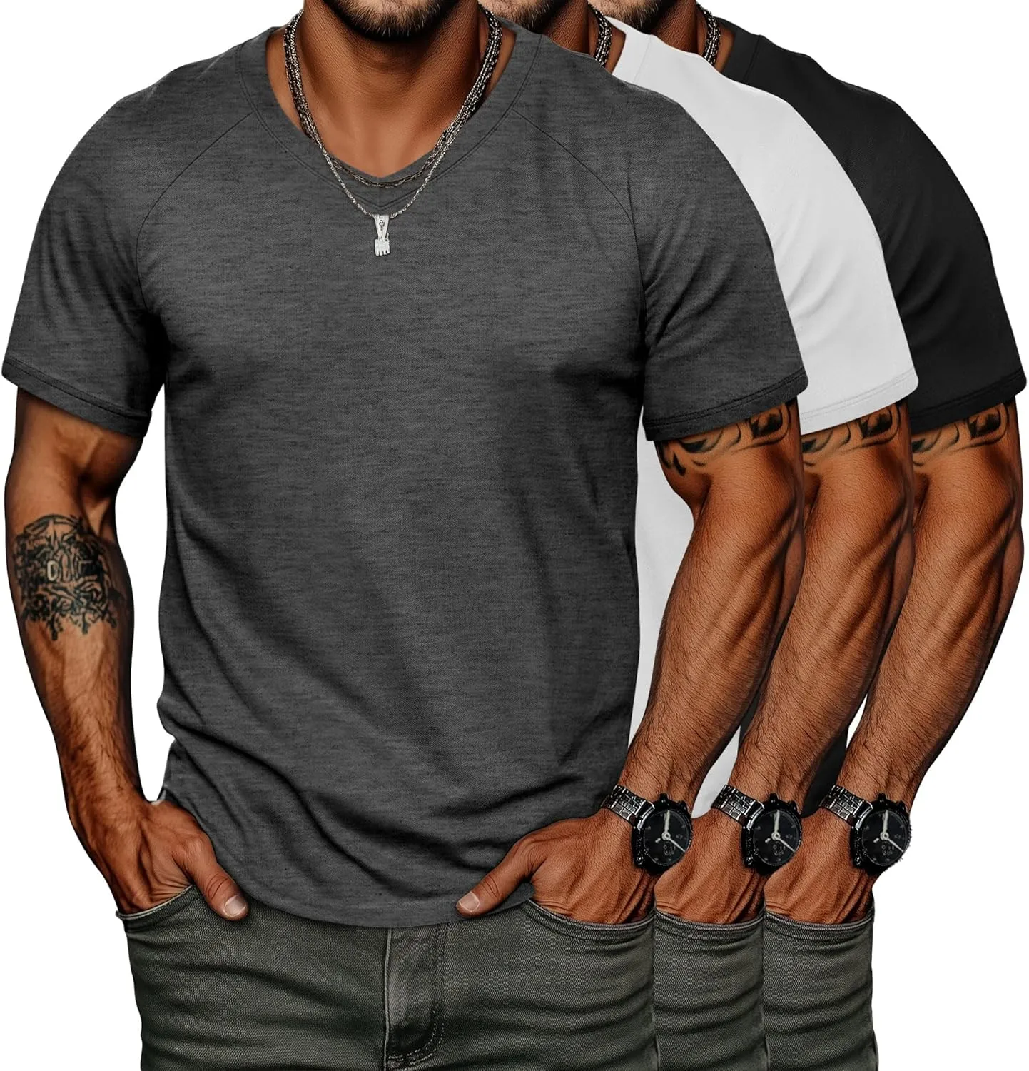 Neer 3 Pack Men's Big and Tall V Neck T-Shirts M-7X, 35% Cotton Short Sleeve Raglan Tops Casual Regular Summer Basic Tees