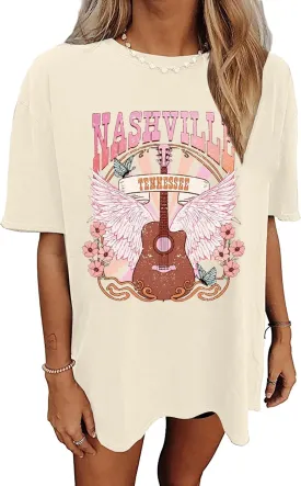 Oversized Rock Band T-Shirt Women Country Music Shirt Tops Nashville Music City Tshirt Vintage Guitar Wings Graphic Tees