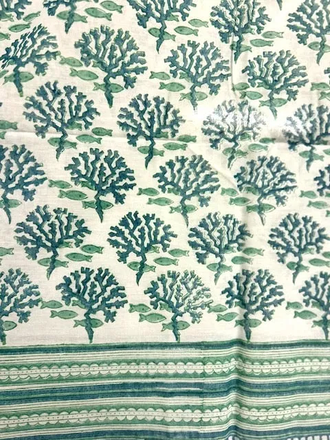Pareo, green and white block print cotton sarong