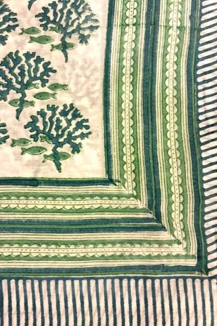 Pareo, green and white block print cotton sarong
