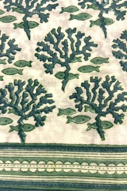 Pareo, green and white block print cotton sarong