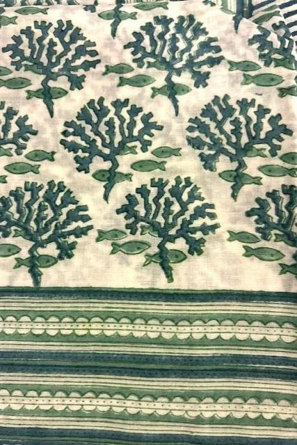 Pareo, green and white block print cotton sarong