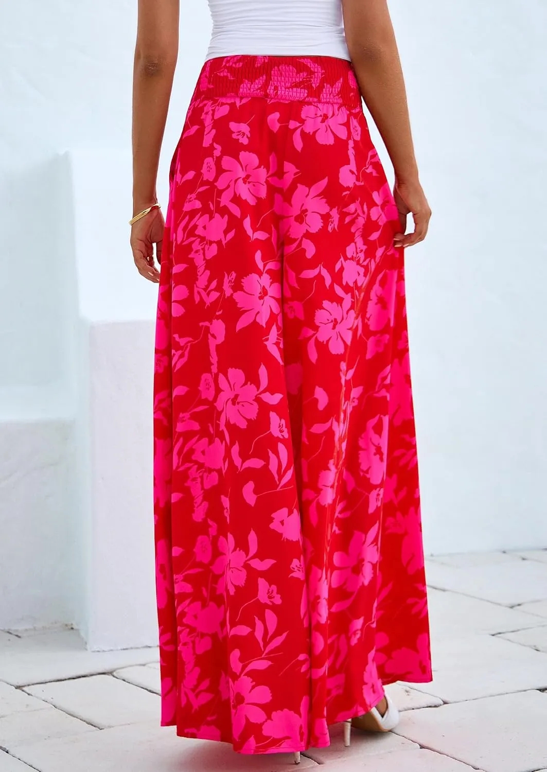 PRETTYGARDEN Women's 2025 Summer Flowy Wide Leg Palazzo Pants Dressy Casual Elastic High Waisted Pockets Boho Beach Trousers