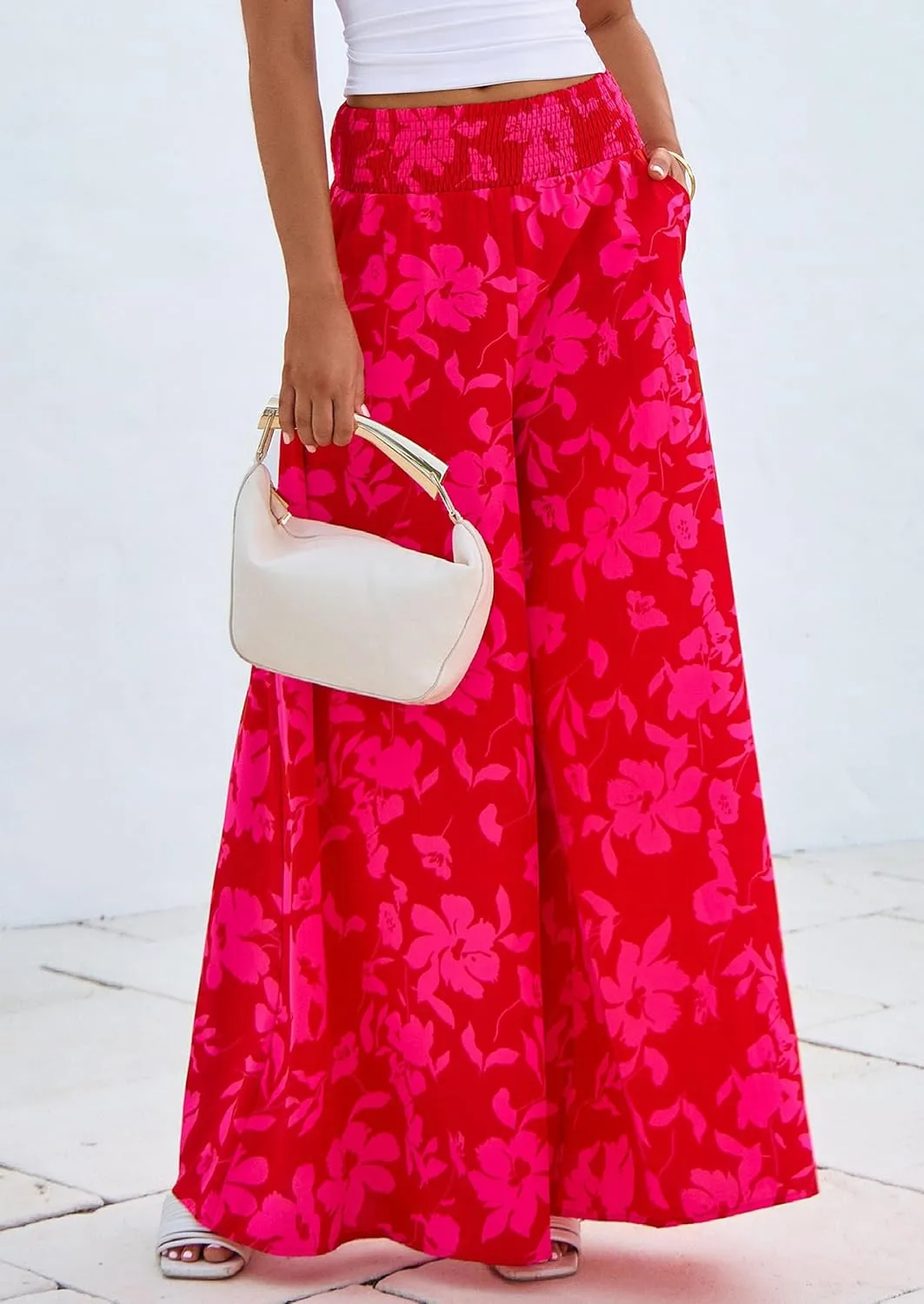 PRETTYGARDEN Women's 2025 Summer Flowy Wide Leg Palazzo Pants Dressy Casual Elastic High Waisted Pockets Boho Beach Trousers