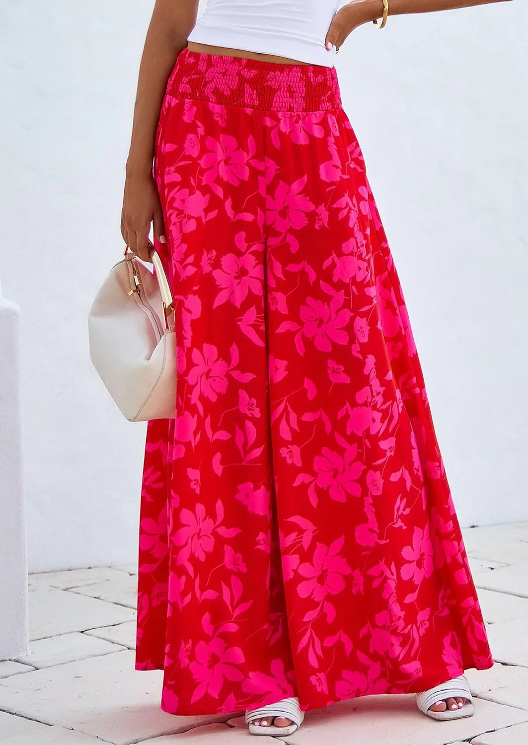 PRETTYGARDEN Women's 2025 Summer Flowy Wide Leg Palazzo Pants Dressy Casual Elastic High Waisted Pockets Boho Beach Trousers