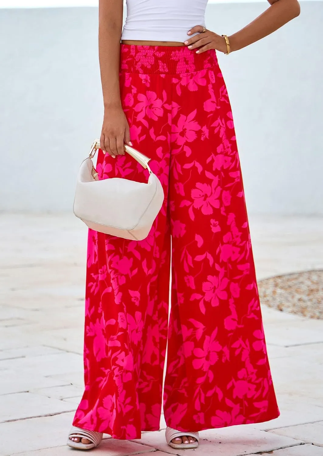 PRETTYGARDEN Women's 2025 Summer Flowy Wide Leg Palazzo Pants Dressy Casual Elastic High Waisted Pockets Boho Beach Trousers