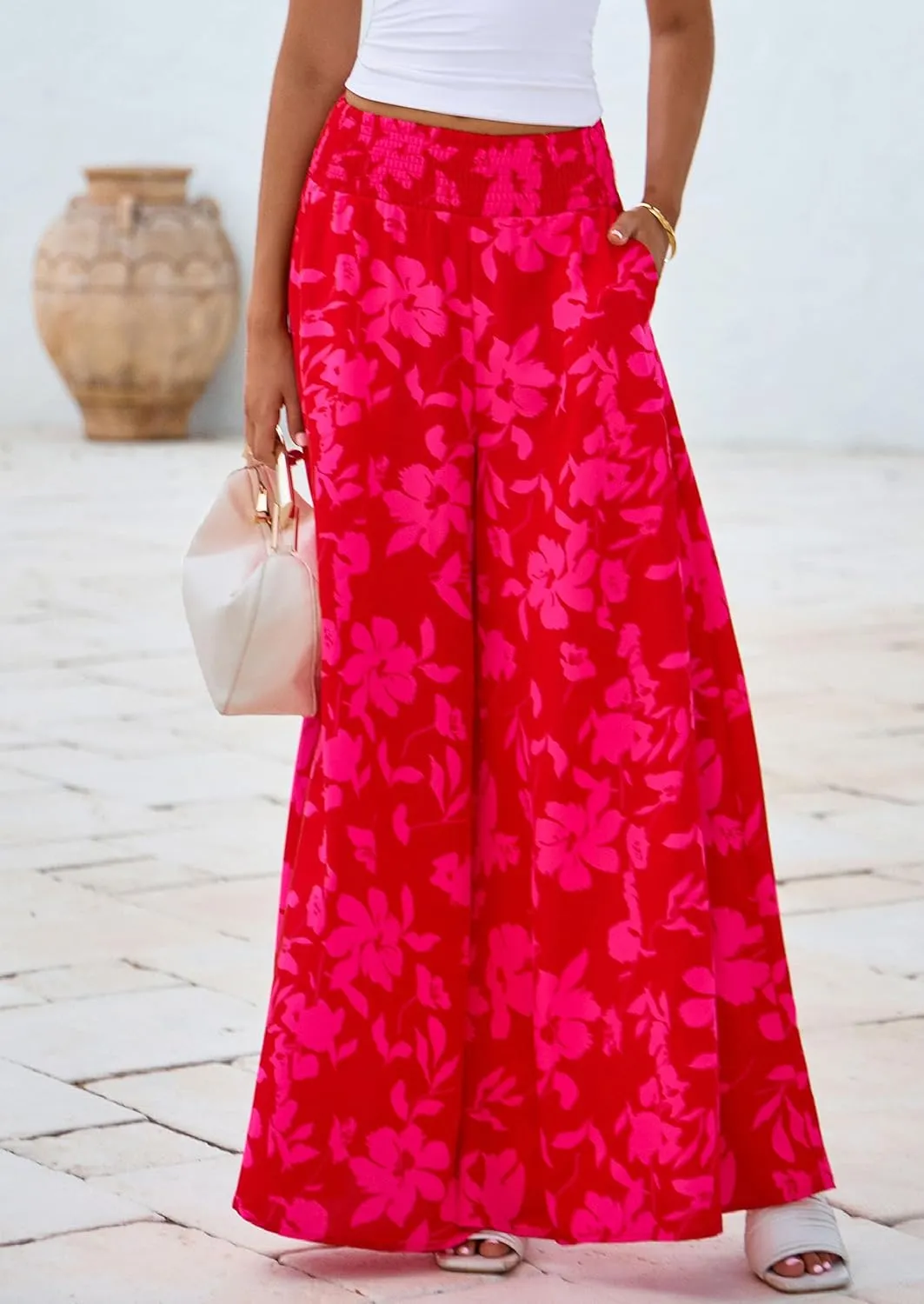PRETTYGARDEN Women's 2025 Summer Flowy Wide Leg Palazzo Pants Dressy Casual Elastic High Waisted Pockets Boho Beach Trousers