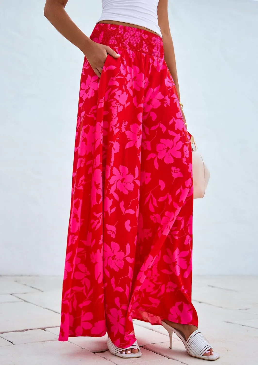 PRETTYGARDEN Women's 2025 Summer Flowy Wide Leg Palazzo Pants Dressy Casual Elastic High Waisted Pockets Boho Beach Trousers