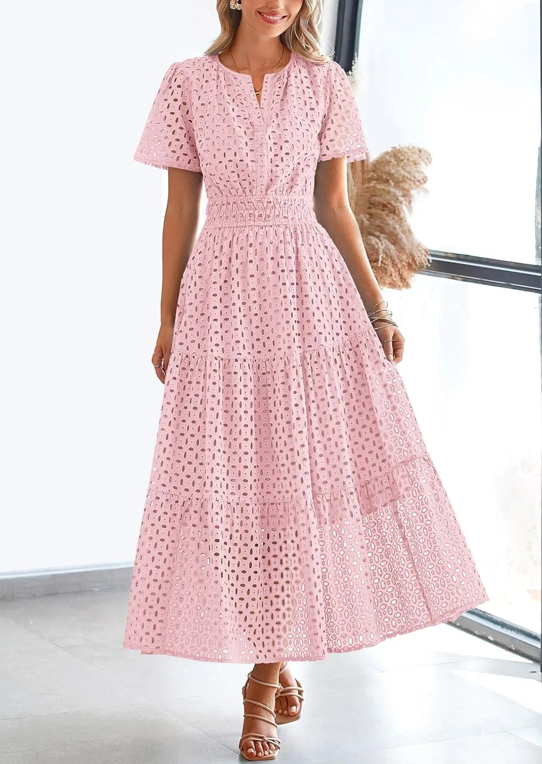 PRETTYGARDEN Womens 2025 Summer Maxi Dress Short Sleeve V Neck Hollow Out Eyelet A Line Long Flowy Beach Vacation Dresses