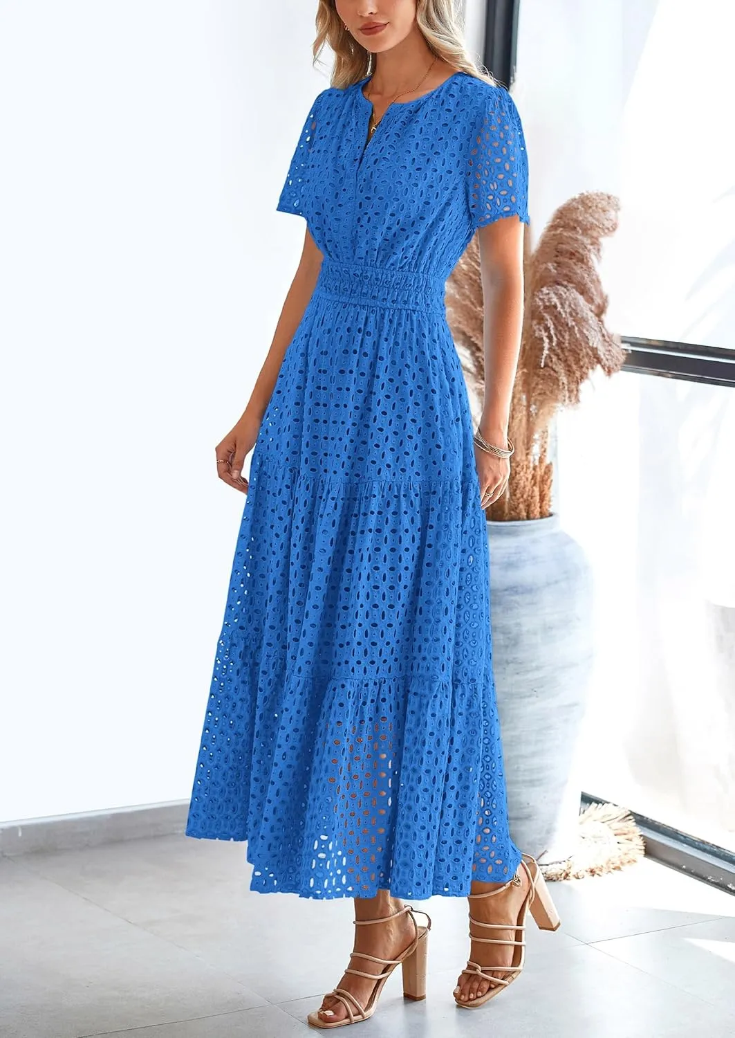 PRETTYGARDEN Womens 2025 Summer Maxi Dress Short Sleeve V Neck Hollow Out Eyelet A Line Long Flowy Beach Vacation Dresses