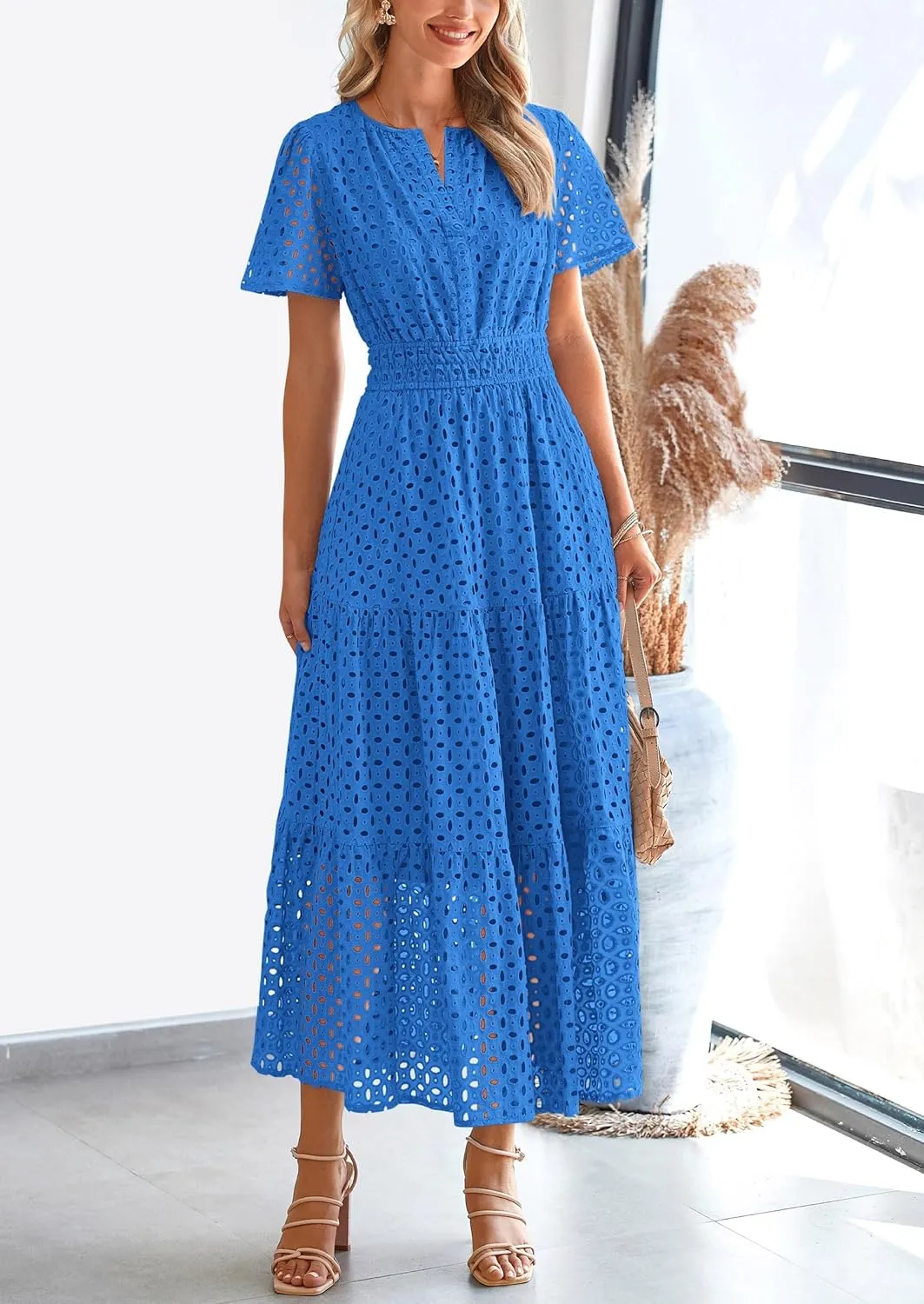 PRETTYGARDEN Womens 2025 Summer Maxi Dress Short Sleeve V Neck Hollow Out Eyelet A Line Long Flowy Beach Vacation Dresses
