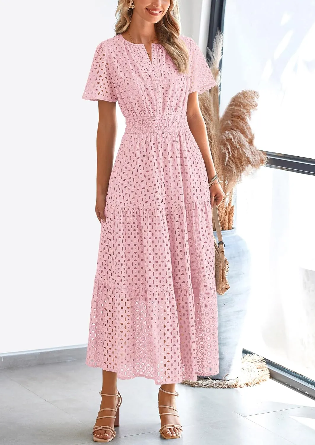 PRETTYGARDEN Womens 2025 Summer Maxi Dress Short Sleeve V Neck Hollow Out Eyelet A Line Long Flowy Beach Vacation Dresses