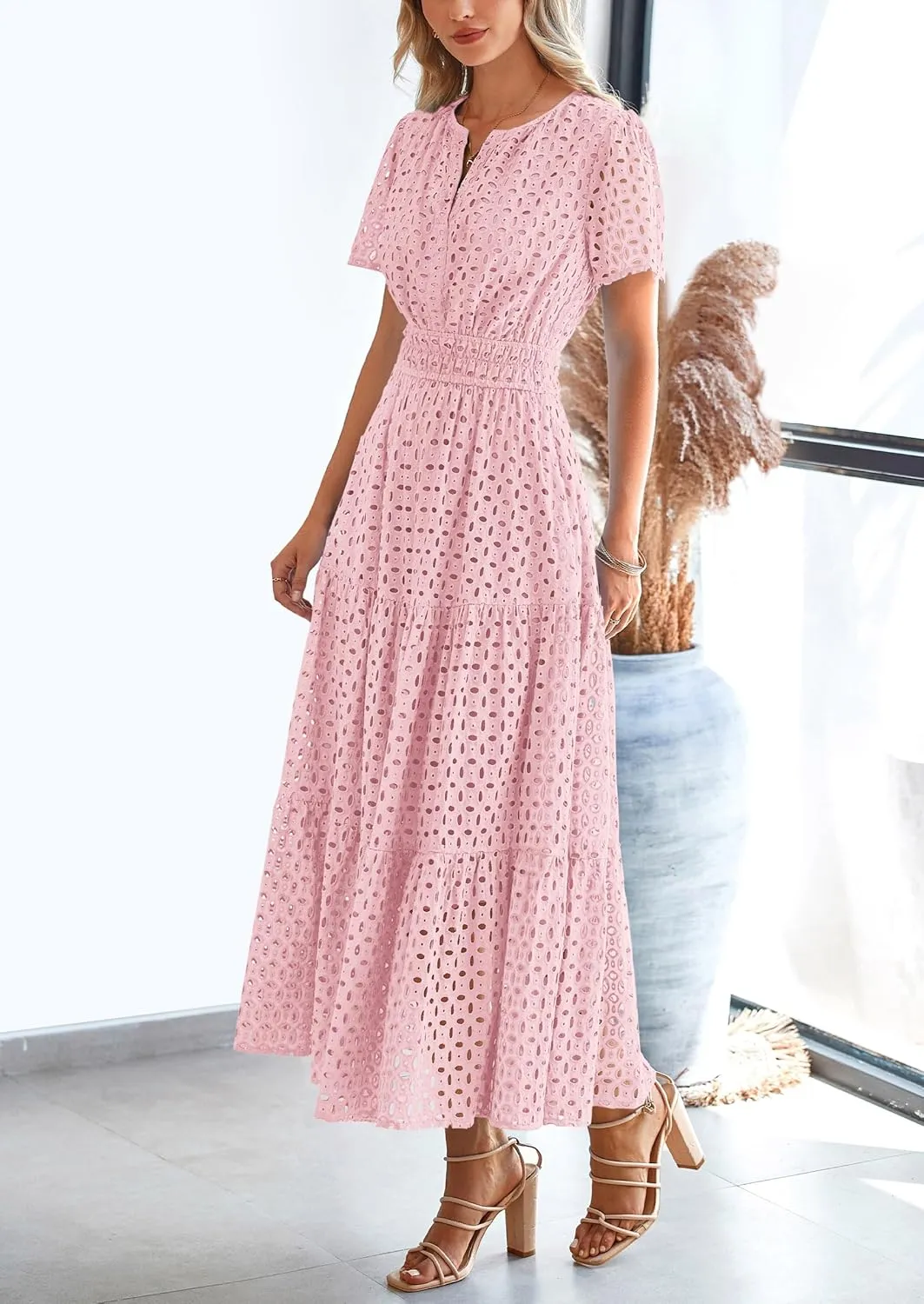PRETTYGARDEN Womens 2025 Summer Maxi Dress Short Sleeve V Neck Hollow Out Eyelet A Line Long Flowy Beach Vacation Dresses