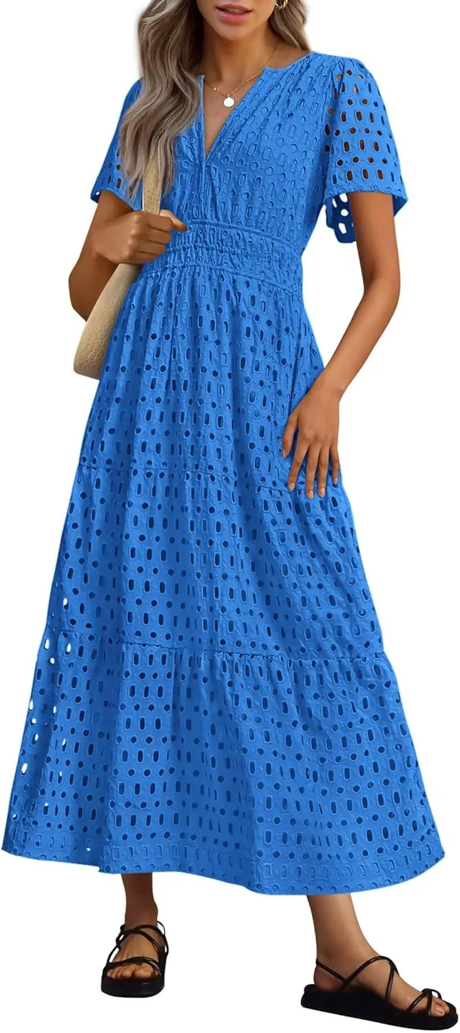 PRETTYGARDEN Womens 2025 Summer Maxi Dress Short Sleeve V Neck Hollow Out Eyelet A Line Long Flowy Beach Vacation Dresses